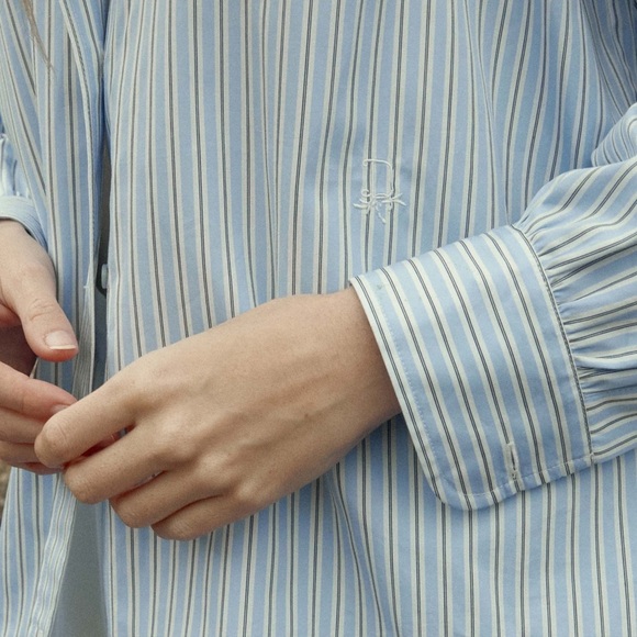 Doen Hava Cotton Oversized Button Down Shirt Blouse Top Santorini Stripe Blue - Picture 5 of 12